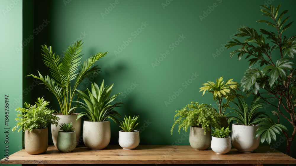 Lush indoor plants arranged on wooden table against vibrant green wall, creating refreshing and serene atmosphere Lush indoor plants arranged on wooden table against vibrant green wall, creating refreshing and serene atmosphere