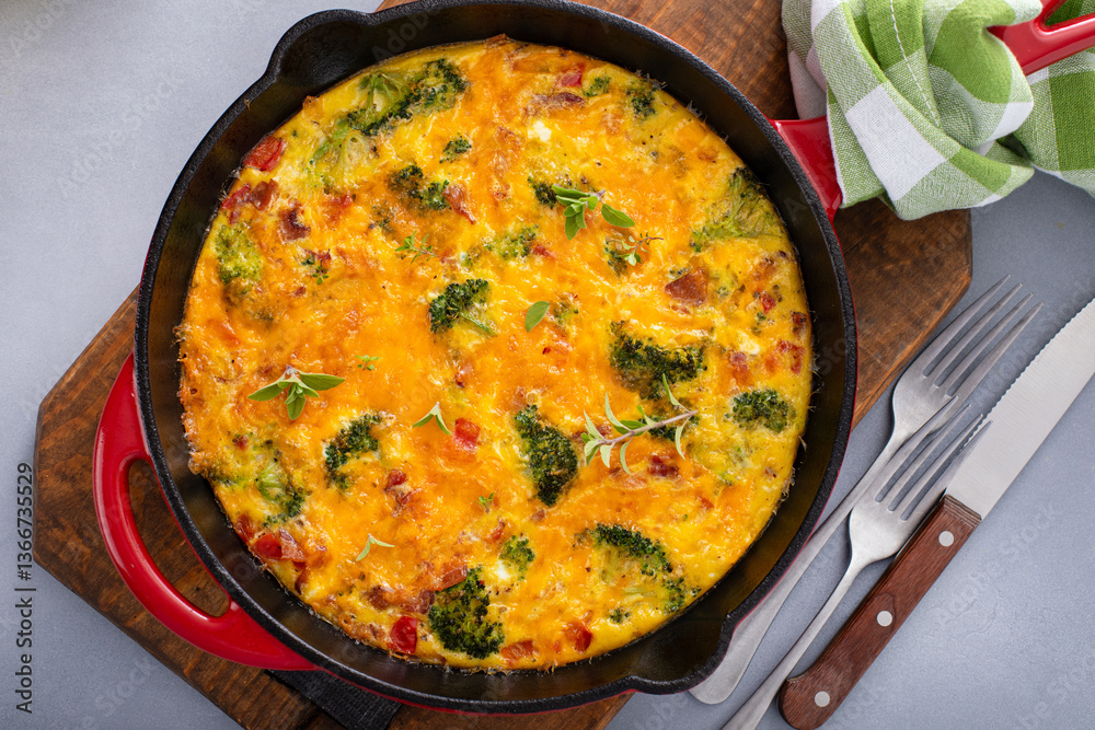 Broccoli, bacon and cheese frittata in a cast iron pan, healthy breakfast idea Broccoli, bacon and cheese frittata in a cast iron pan, healthy breakfast idea