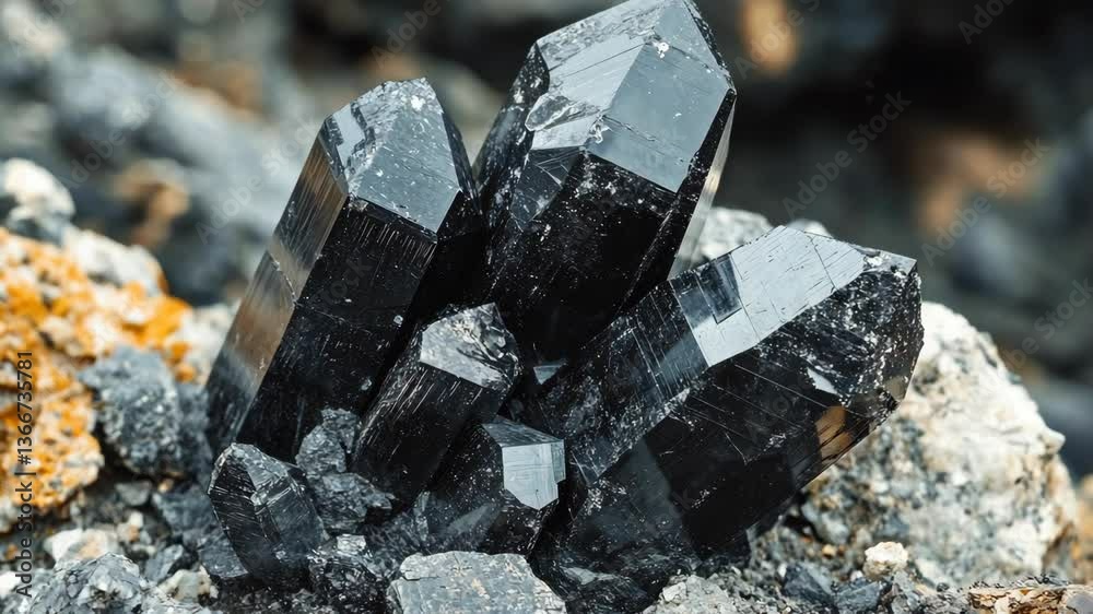 Exploration of stunning black tourmaline crystals in natural rocky environment showcasing mineral structure and shine Exploration of stunning black tourmaline crystals in natural rocky environment showcasing mineral structure and shine