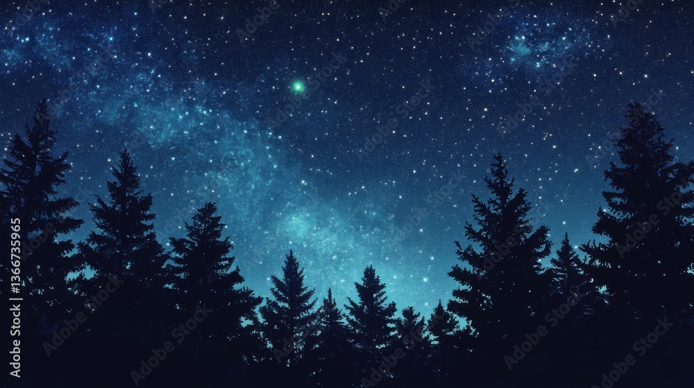 Naklejka premium Viewing Milky Way Galaxy Through Forest Trees at Night Sky