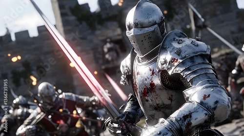 Futuristic medieval tournament epic battle of knights sci-fi arena action-packed spectacular view