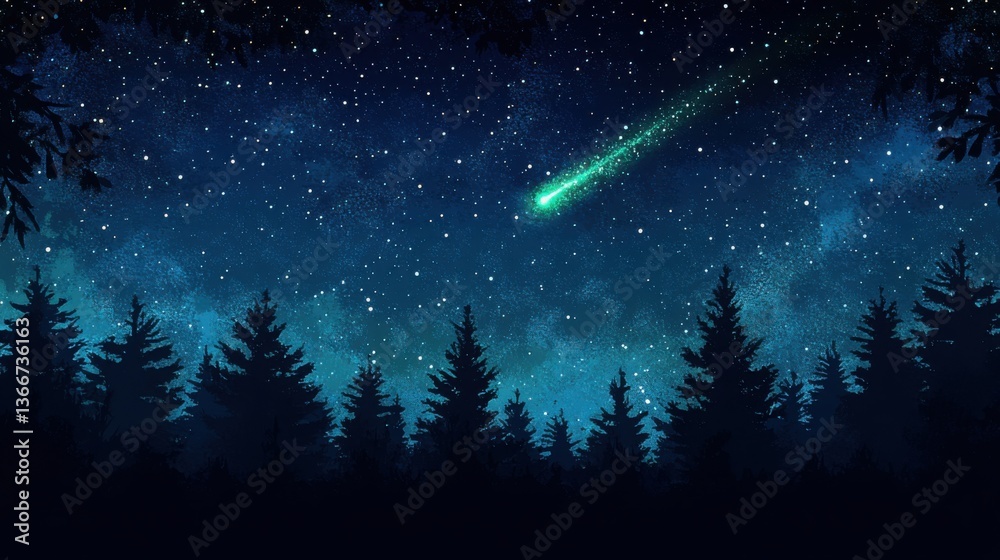 Fototapeta premium Watching a Green Shooting Star Over Dark Pine Tree Forest