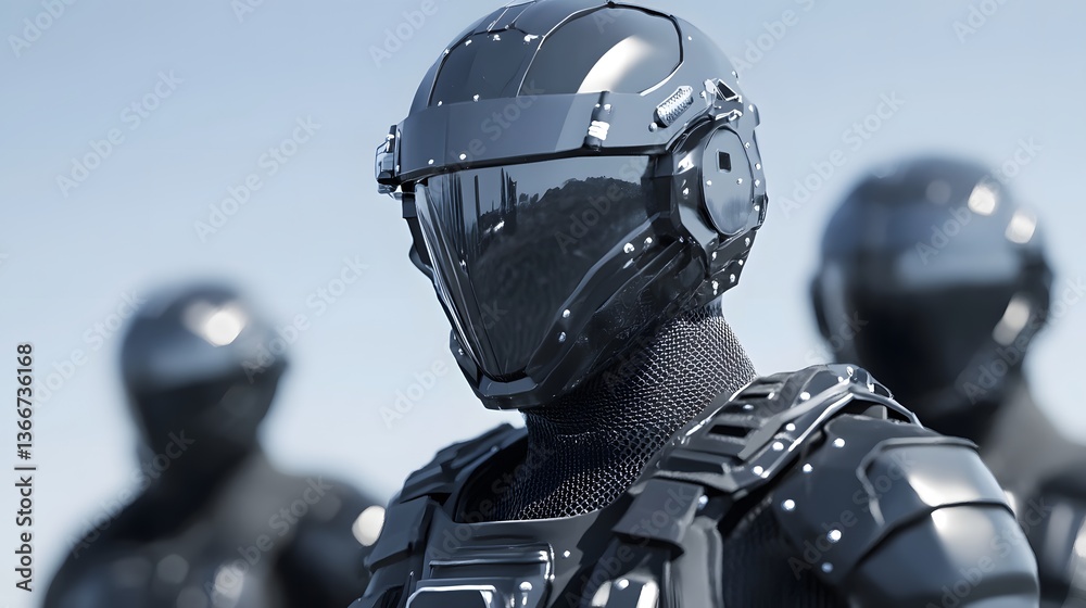 Fototapeta premium Futuristic high-tech riot suit police officer in urban security setting
