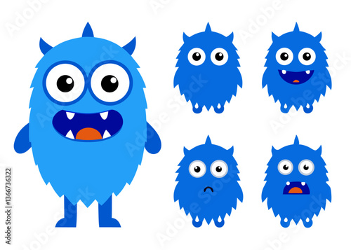 Funny Furry Blue Monster Cartoon Vector Illustration with White Background – Cute and Playful Design, Funny furry blue monster vector illustration, perfect for cartoons, clipart, and playful designs