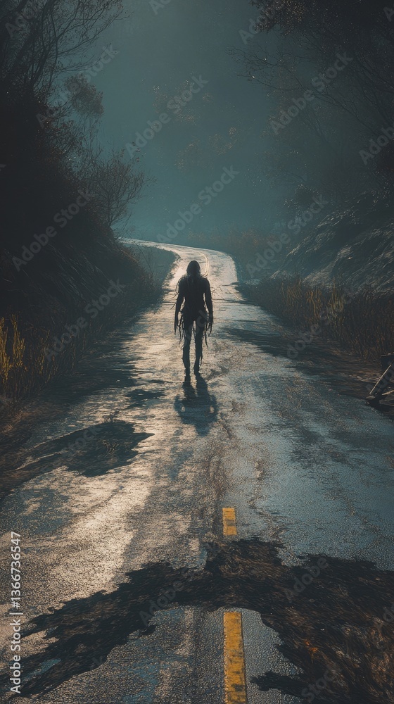 Obraz premium Mysterious figure walks down foggy winding road