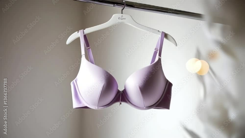 Women's padded bra light pastel purple bra hanged on the hanger isolated on light white background created with generative ai
Women's padded bra light pastel purple bra hanged on the hanger isolated on light white background created with generative ai