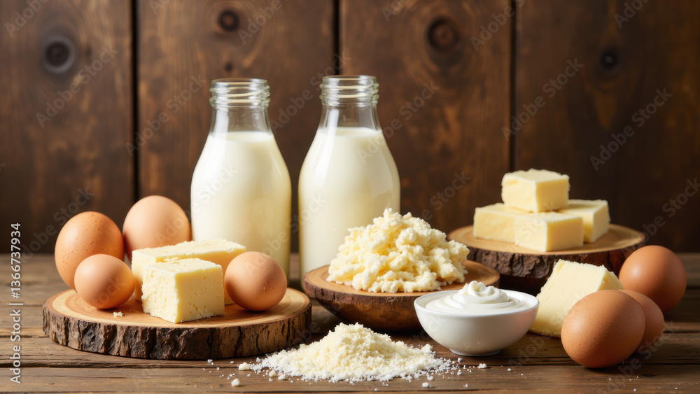 Fresh dairy products including milk, butter, cheese, and eggs arranged on wooden surfaces evoke rustic kitchen feel Fresh dairy products including milk, butter, cheese, and eggs arranged on wooden surfaces evoke rustic kitchen feel