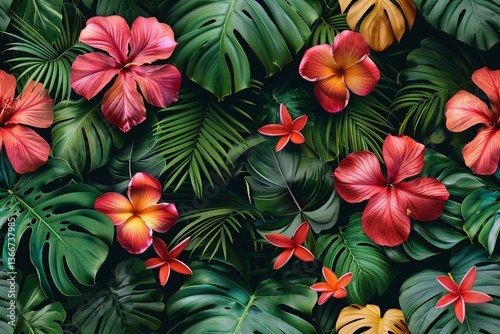 Vibrant seamless pattern featuring tropical flowers and lush green leaves