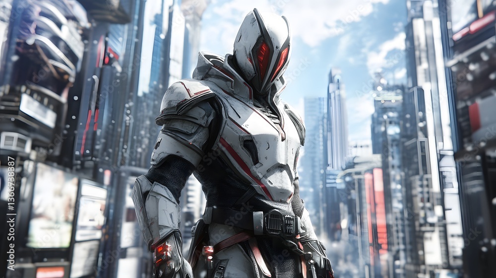 Futuristic knight in high-tech armor cyber city digital art urban landscape heroic perspective Futuristic knight in high-tech armor cyber city digital art urban landscape heroic perspective