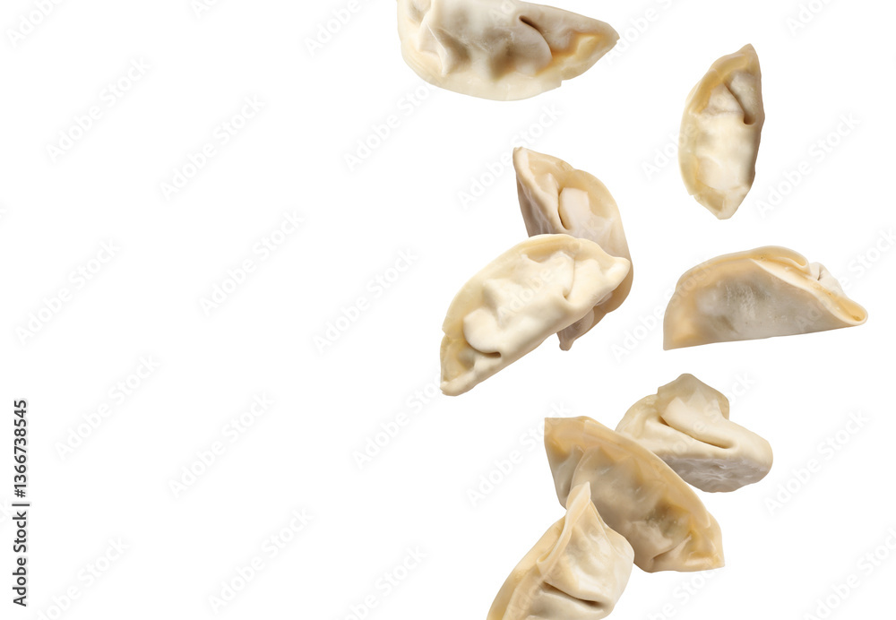 Naklejka premium Uncooked gyoza in air on white background