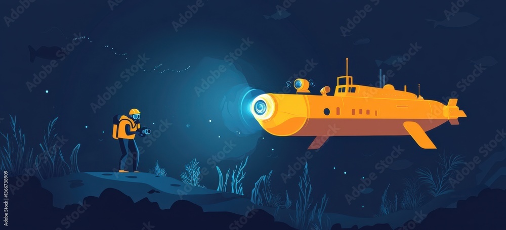 Naklejka premium Exploring Underwater World Scuba Diver and Submarine in Cartoon Illustration