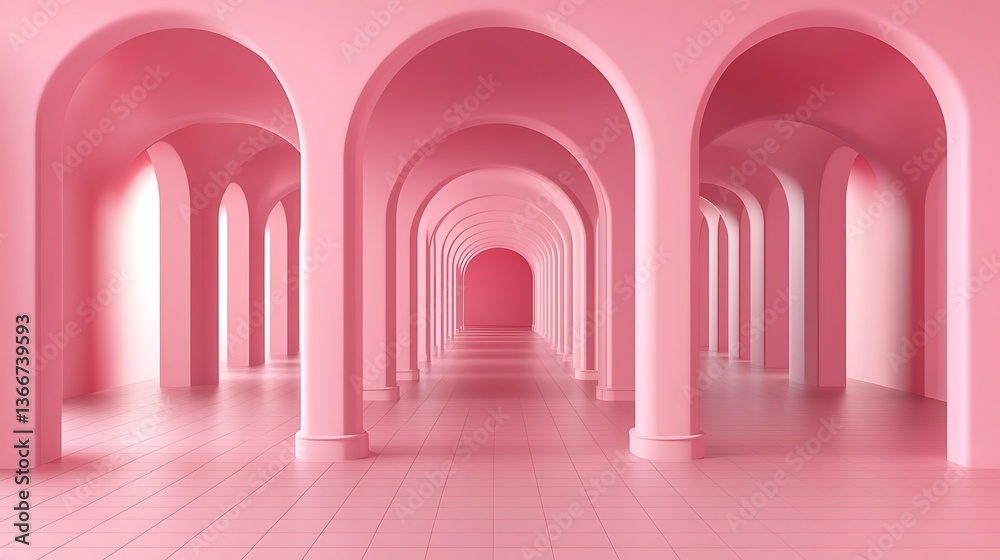 Fototapeta premium A pink hallway with repeating arched columns creating perspective
