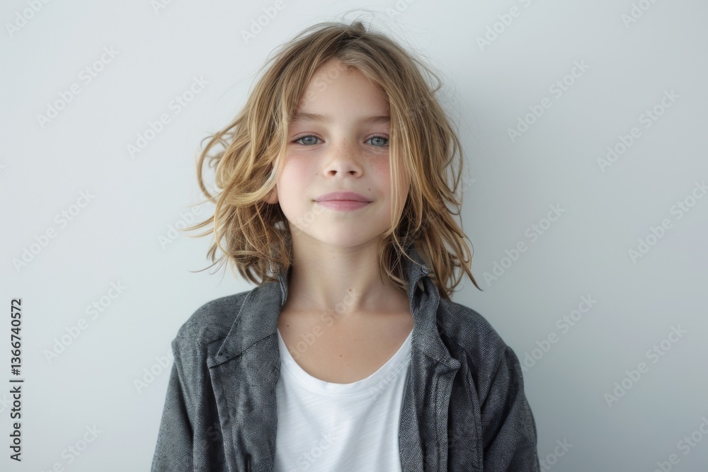 Portrait of a young Caucasian girl with blond hair wearing gray jacket over white t shirt against plain white background Portrait of a young Caucasian girl with blond hair wearing gray jacket over white t shirt against plain white background