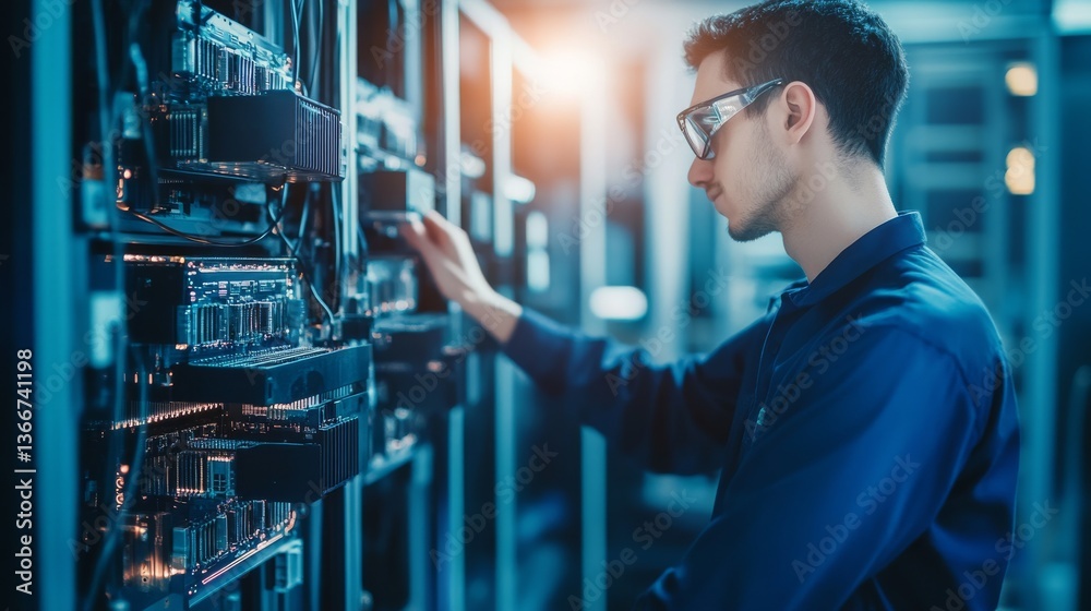 Naklejka premium A blockchain engineer testing AI enhanced cryptocurrency mining rigs, futuristic tech lab with real-time energy optimization, High-tech style