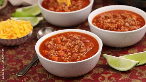 Serving beef chili in bowls, adding grated cheddar cheese on top