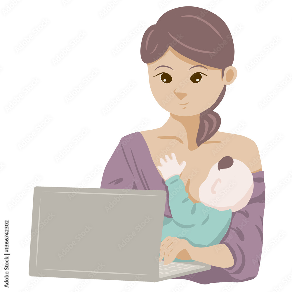 mother breastfeeding a baby while working on computer mother breastfeeding a baby while working on computer