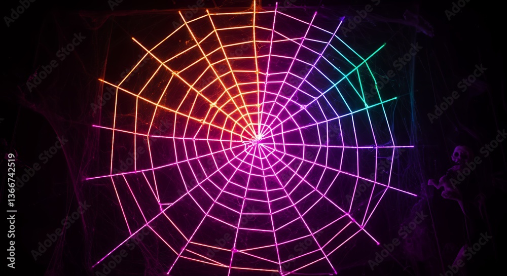 Obraz premium Vibrant Spiderweb Halloween Decoration with Neon Lights and Spooky Atmosphere