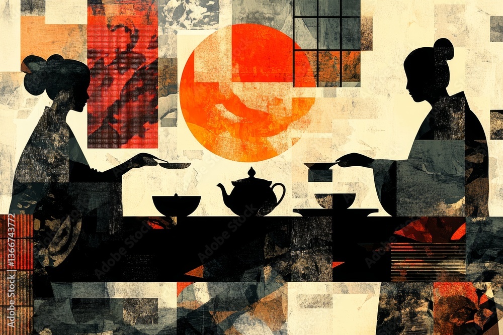 Fototapeta premium Abstract tea ceremony between two figures