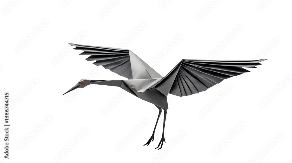 Fototapeta premium A gray origami crane with wings spread on a black background
