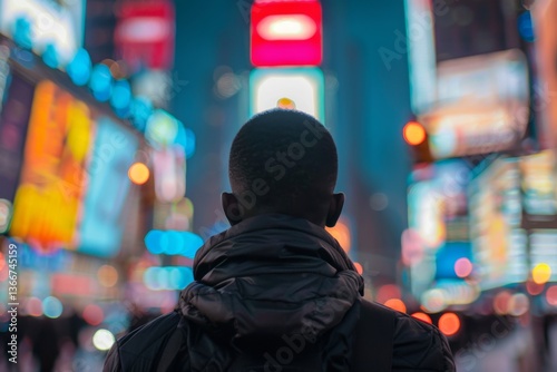 Young black man facing away from camera in blurred times square