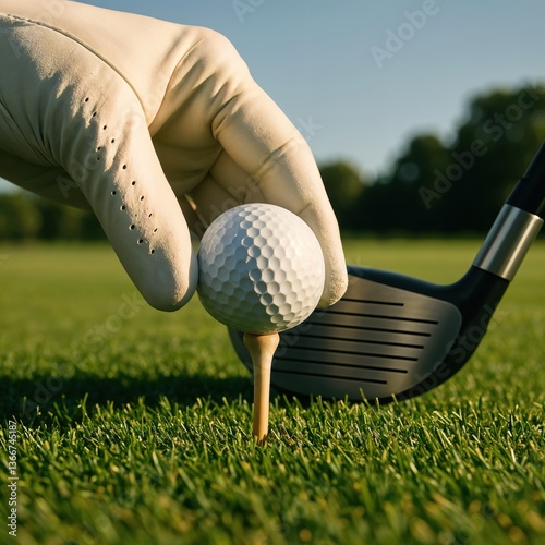A golfer steadies a white golf ball on a tee, dressed in a glove, ready to swing. The driving range glistens under the warm sun, exuding energy and potential.