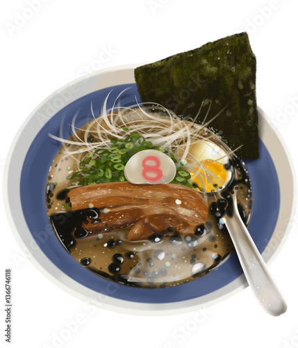 Delicious ramen bowl with noodles, broth, and toppings like egg and seaweed. Perfect for food lovers!