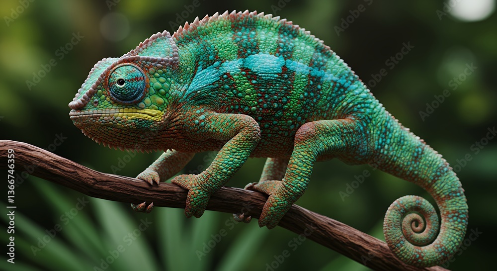 Vibrant Chameleon Perched on Branch Showcasing Its Colorful Skin and Unique Tail Vibrant Chameleon Perched on Branch Showcasing Its Colorful Skin and Unique Tail