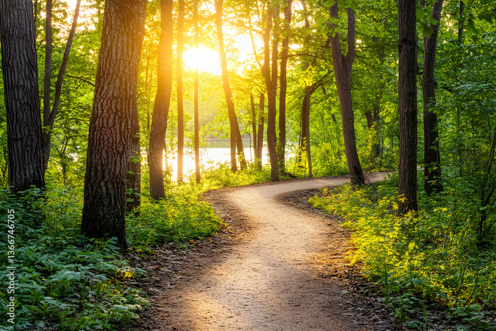 Fototapeta premium Sunlit Path Through Lush Green Forest Leading to Tranquil Lake at Dusk