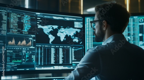 A blockchain specialist designing AI enhanced prediction markets for cryptocurrency, futuristic financial center with real-time market data visualization, High-tech style