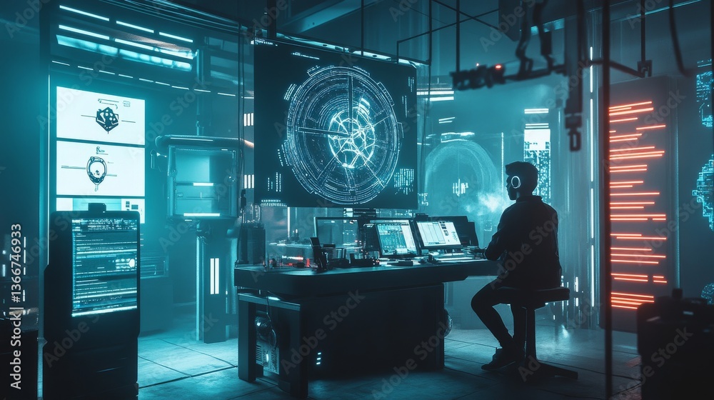 Obraz premium A blockchain specialist developing AI based crypto security audit systems, futuristic tech lab with real-time threat detection models, High-tech style
