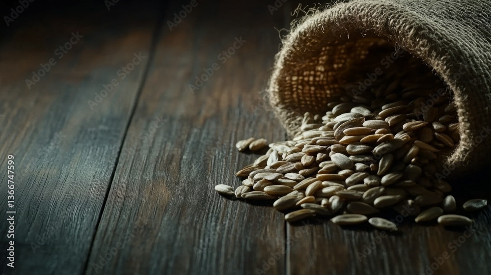 Obraz premium A burlap sack spills sunflower seeds onto a dark wooden surface.