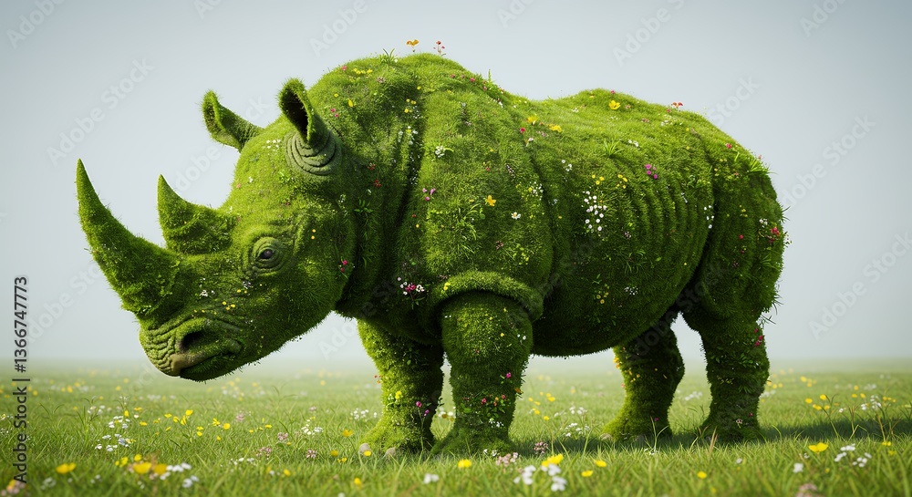 Fototapeta premium Green Rhino Covered with Grass and Flowers Standing in Field