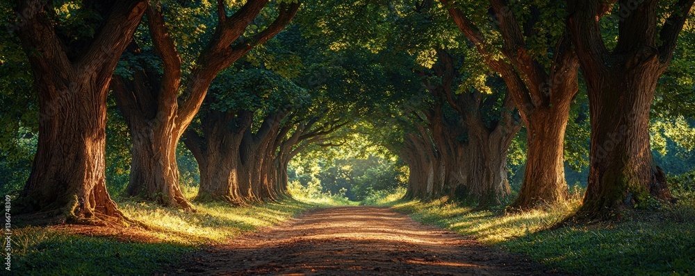 Naklejka premium Lush tree-lined path creating a serene, natural atmosphere.