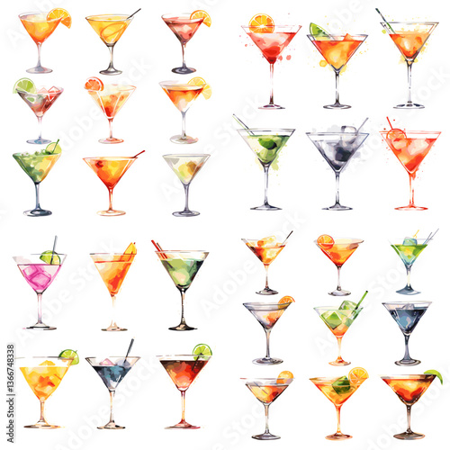 Watercolor collection of colorful martini and cocktail glasses with citrus, olives, and ice. Perfect for bar menus, mixology art, parties, and alcoholic drink concepts.

