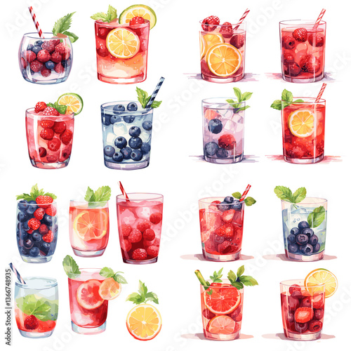 Set of watercolor fruit drinks with lemon, berries, mint, and ice in clear glasses. Perfect for summer beverages, cocktail menus, and refreshing drink illustrations.

