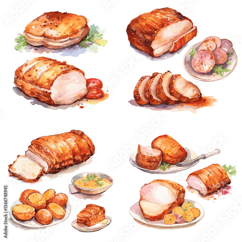 Watercolor set of roasted meat dishes, sliced pork loin, and side potatoes. Ideal for culinary designs, food menus, meat recipes, and traditional dinner illustrations.

