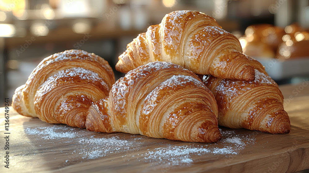 Fresh Croissants on Bakery Counter with Morning Light – Warm Artisan Photography Fresh Croissants on Bakery Counter with Morning Light – Warm Artisan Photography