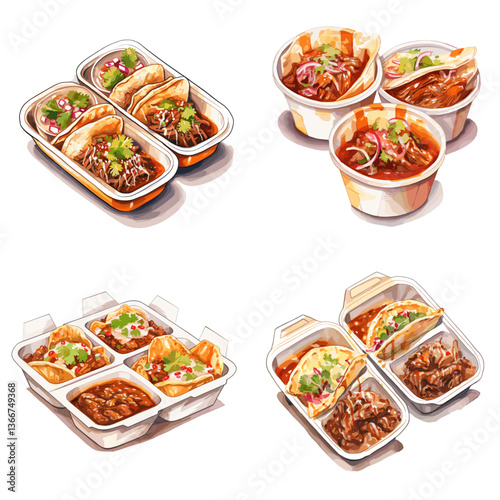 Watercolor illustration of delicious takeaway meals in food containers with rice, beans, meat, and garnishes. Perfect for menu designs, food delivery apps, and culinary packaging.