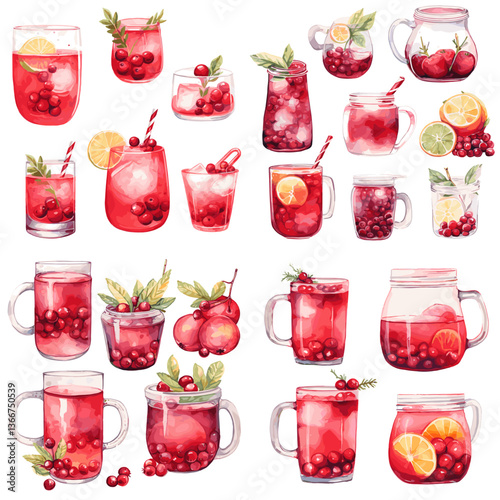 Watercolor illustration of refreshing cranberry drinks in glasses and jars with citrus and mint. Ideal for summer beverages, healthy lifestyle, and food-themed creative designs.