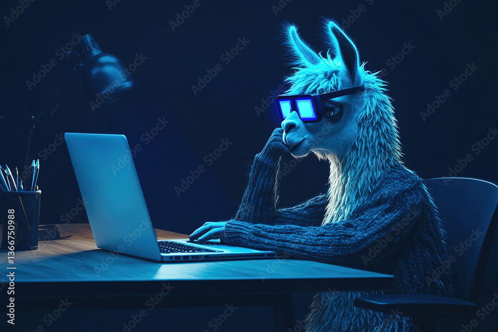 Fototapeta premium llama working at desk in dark room with cybersecurity warning