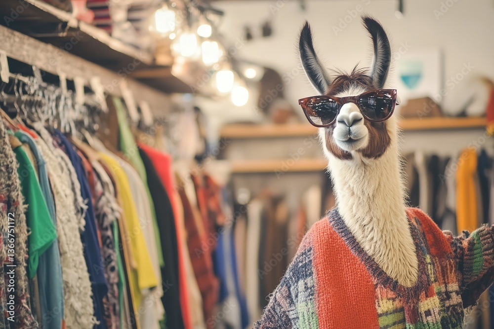 Naklejka premium Hipster llama explores vintage fashion in a thrift store