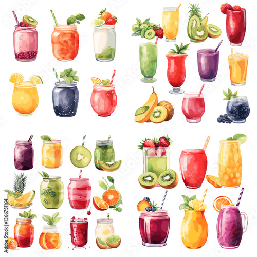 Colorful watercolor illustration of various fruit juices and smoothies in jars and glasses. Perfect for summer, healthy lifestyle, food, and beverage-themed design projects.
