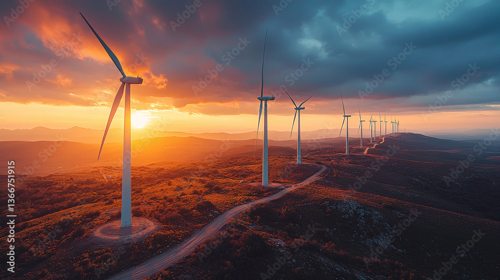 Wind Farm at Sunset with Turbines in Motion – Cinematic Landscape Wind Farm at Sunset with Turbines in Motion – Cinematic Landscape