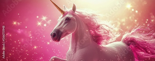 A majestic unicorn gallops gracefully against a sparkling pink background, exuding magic and whimsy.