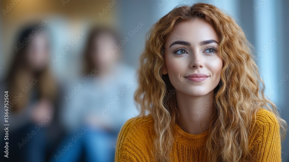 Obraz premium Young Woman with Curly Hair in Cozy Sweater Smiling Cheerfully