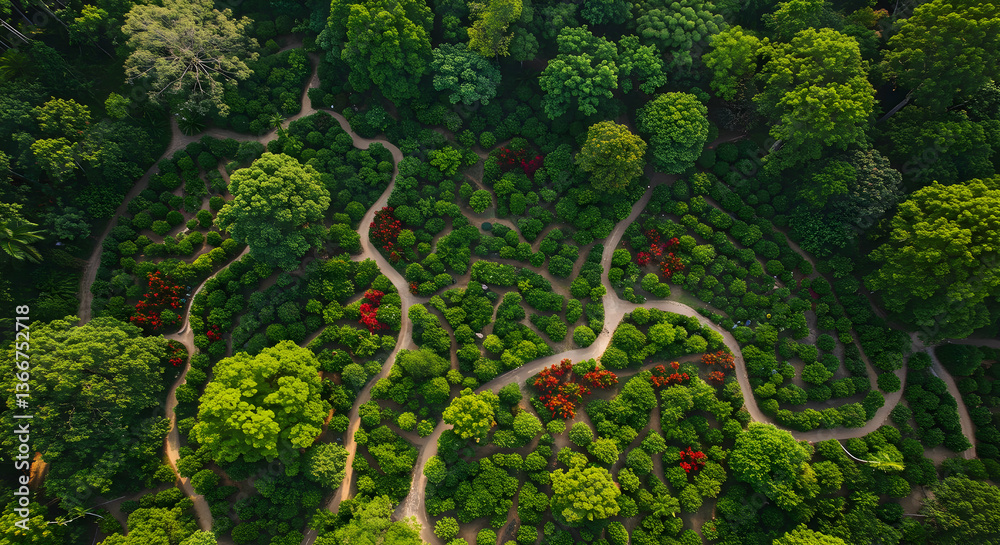 Aerial View Of Winding Garden Paths With Colorful Flowers