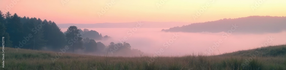 Obraz premium Soft peach fog creeps across a serene landscape,, calming