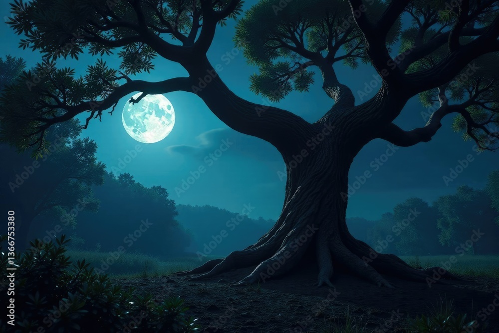 Fototapeta premium Twisted tree trunk with gnarled branches amidst moonlit forest shadows, gnarled, dark