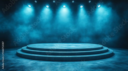 A blue spotlight illuminates a circular stage within a dark room