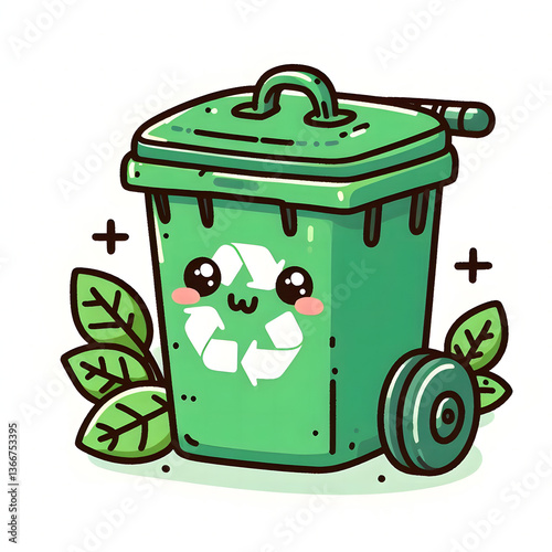 Hand drawn cute cartoon illustration of outdoor green garbage can with wheel. Flat vector recycling big trash bin, environmental pollution doodle style. Ecology sticker, icon.
